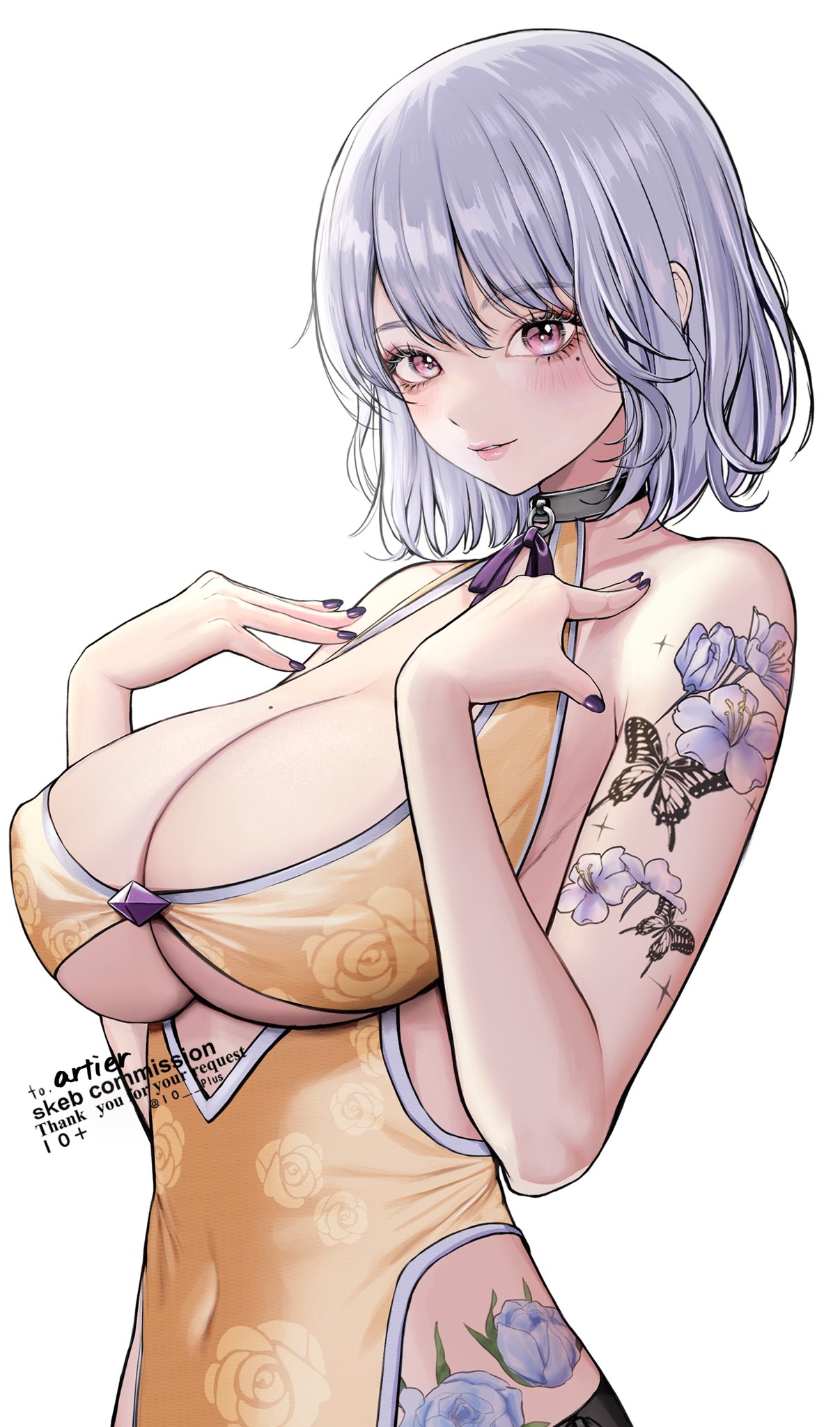 10_plus 1girl arm_tattoo artier's_character artist_name blade_&amp;_soul blush breasts butterfly_tattoo china_dress chinese_clothes cleavage clothing_cutout commission covered_navel dress english_commentary floral_print flower_tattoo grey_hair hands_up highres large_breasts looking_at_viewer mole mole_on_breast mole_under_eye nail_polish parted_lips print_dress purple_nails red_eyes short_hair simple_background skeb_commission smile solo tattoo twitter_username underboob underboob_cutout upper_body white_background yellow_dress