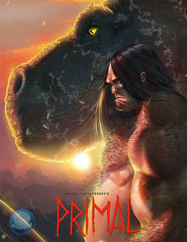 1boy arm_hair caveman chest_hair copyright_name dinosaur dr-conz fang fang_(primal) genndy_tartakovsky's_primal green_eyes hairy long_hair looking_to_the_side polearm scales slit_pupils spear spear_(primal) sun teeth topless topless_male tyrannosaurus_rex weapon