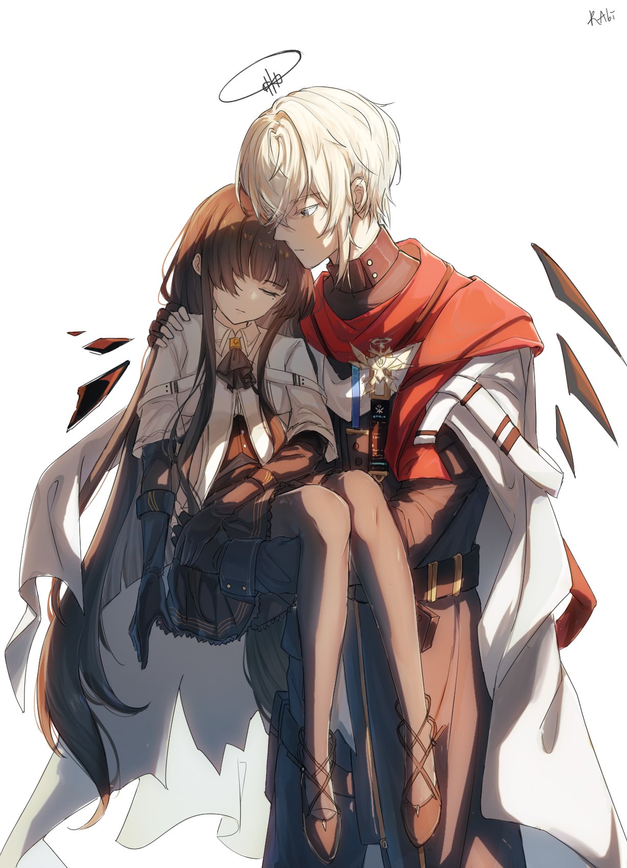 1boy 1girl aged_down arknights arm_rest artist_name ascot belt belt_buckle black_ascot black_belt black_bustier black_coat black_footwear black_gloves black_hair black_halo black_outline black_skirt black_thighhighs black_wings blonde_hair blunt_bangs breasts buckle bustier buttons carrying carrying_person chinese_commentary cloak closed_mouth coat collared_coat collared_jacket colored_inner_hair commentary_request cousins cowboy_shot detached_wings energy_wings executor_(arknights) executor_the_ex_foedere_(arknights) expressionless eyelashes facing_viewer from_side full_body gloves grey_hair hair_between_eyes hair_over_one_eye halo hand_on_another's_hip hand_on_another's_shoulder head_tilt heads_together high_collar high_heels highres hime_cut jacket jelly_rabi layered_sleeves long_hair long_sleeves looking_at_another mechanical_halo mechanical_wings medal miniskirt mole mole_under_eye multicolored_cloak multicolored_hair official_alternate_costume one_eye_covered outline pale_skin pleated_skirt princess_carry profile red_cloak shade short_hair short_over_long_sleeves short_sleeved_jacket short_sleeves sidelighting sidelocks signature simple_background skirt sleeping sleeping_upright small_breasts standing strappy_heels thighhighs two-tone_cloak two-tone_hair very_long_hair virtuosa_(arknights) white_background white_belt white_cloak white_jacket wide_sleeves wing_collar wings wire
