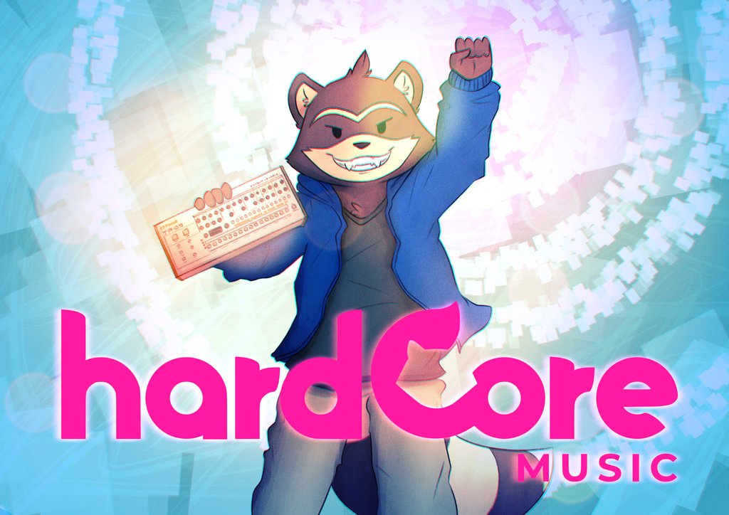 ambiguous_gender anthro blue_bottomwear blue_clothing blue_jacket blue_pants blue_topwear bottomwear brown_body brown_fur chillhop chillhop_raccoon chillhop_records clothing colorful colorful_background drayventhal electronic_musical_instrument fist_pump fur jacket logo logo_parody mammal musical_instrument pants procyonid raccoon roland_corporation smile solo synthesizer topwear typography