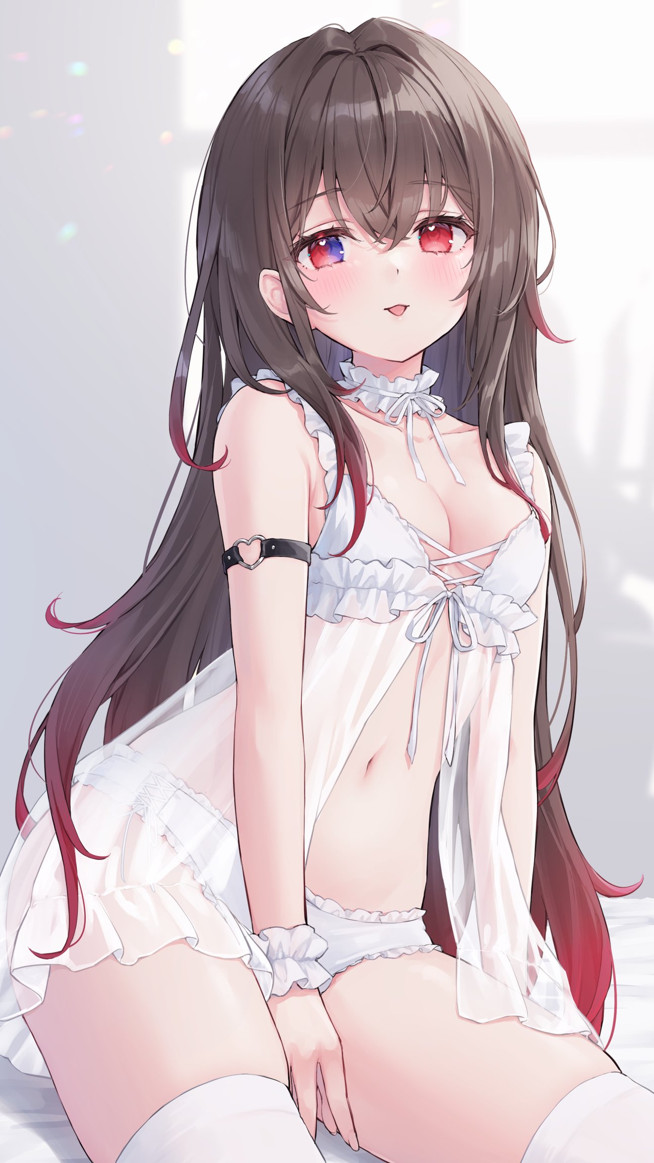 1girl arm_strap babydoll bare_shoulders between_legs breasts brown_hair choker frilled_choker frilled_panties frills gradient_eyes gradient_hair hand_between_legs highres lingerie long_hair looking_at_viewer multicolored_eyes multicolored_hair navel original panties purple_eyes red_eyes red_hair see-through shano_hiyori small_breasts solo stomach thighhighs thighs tongue tongue_out underwear underwear_only very_long_hair white_babydoll white_panties white_thighhighs wrist_cuffs