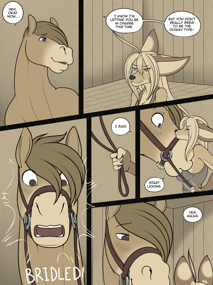 3:4 5_fingers anthro anthro_on_feral bestiality blush blush_lines bridle canid canine comic duo english_text equid equine eyebrows female fennec feral fingers fox freckles_(artist) hair horse interspecies male male/female mammal open_mouth size_difference speech_bubble text