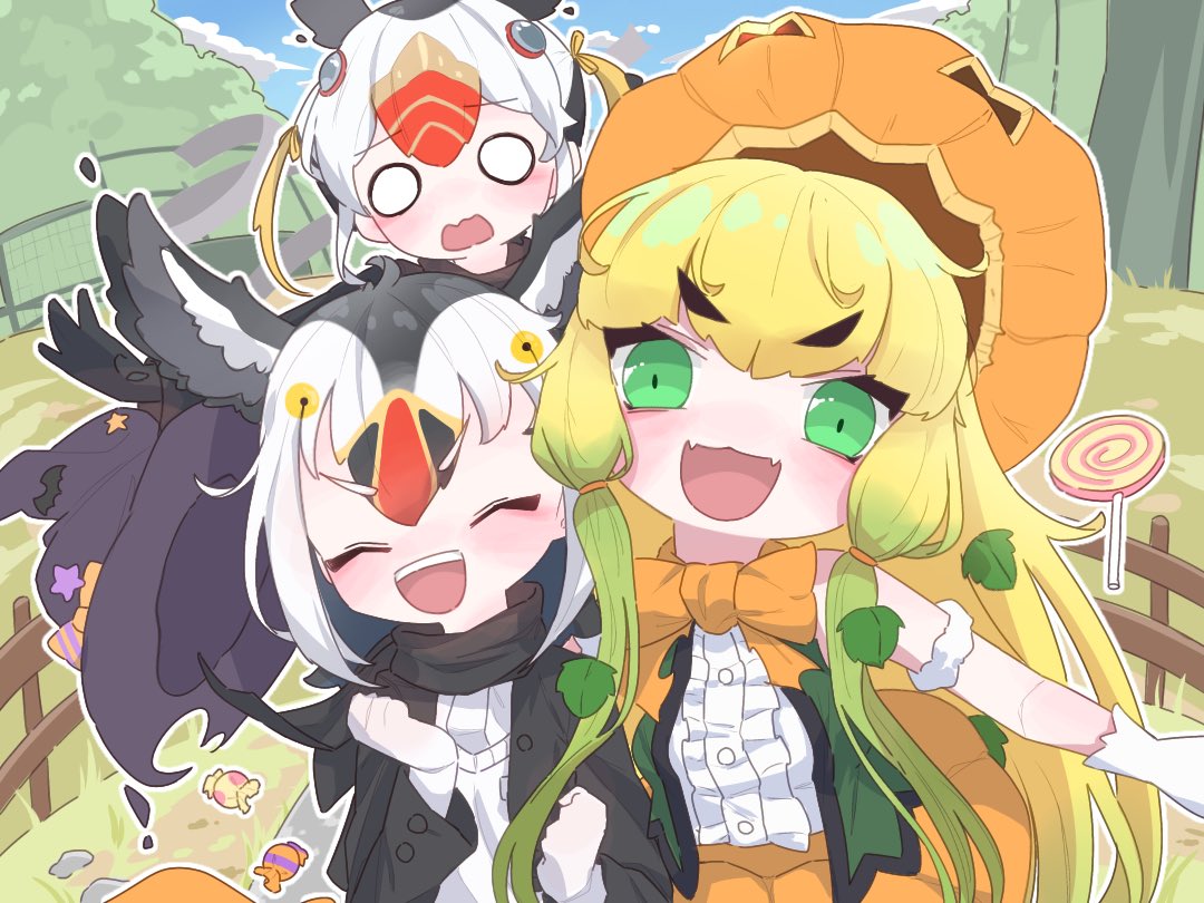 3girls atlantic_puffin_(kemono_friends) bare_shoulders bird_girl bird_wings black_hair black_jacket black_scarf blonde_hair blush bow bowtie candy center_frills closed_eyes fangs food frills gloves green_eyes green_hair green_vest hair_between_eyes hat head_wings jack-o'-lantern_(kemono_friends) jacket kemono_friends kemono_friends_3 long_hair long_sleeves multicolored_hair multiple_girls open_clothes open_jacket open_mouth open_vest orange_bow orange_bowtie pumpkin_hat pumpkin_shorts red_hair sarutori scarf shirt short_hair sidelocks smile sweater tufted_puffin_(kemono_friends) vest white_gloves white_hair white_shirt white_sweater wings witch_hat