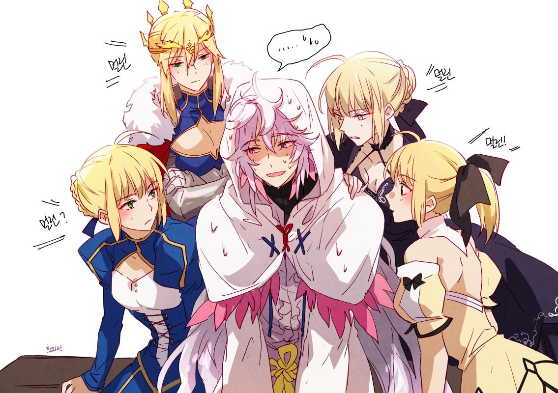 1boy 4girls ahoge artoria_pendragon_(fate) artoria_pendragon_(lancer)_(fate) black_dress black_ribbon blonde_hair blue_dress blue_ribbon blush braid cape crossed_arms crown dress fate/grand_order fate_(series) fur-trimmed_cape fur_trim hair_ribbon heeparang hood hood_up juliet_sleeves korean_text light_blush long_hair long_sleeves looking_at_another merlin_(fate) multiple_girls nervous_sweating off-shoulder_dress off_shoulder parted_lips pink_hair ponytail puffy_sleeves purple_eyes ribbon robe saber saber_alter saber_lily sidelocks simple_background sweat white_background white_robe yellow_dress yellow_eyes