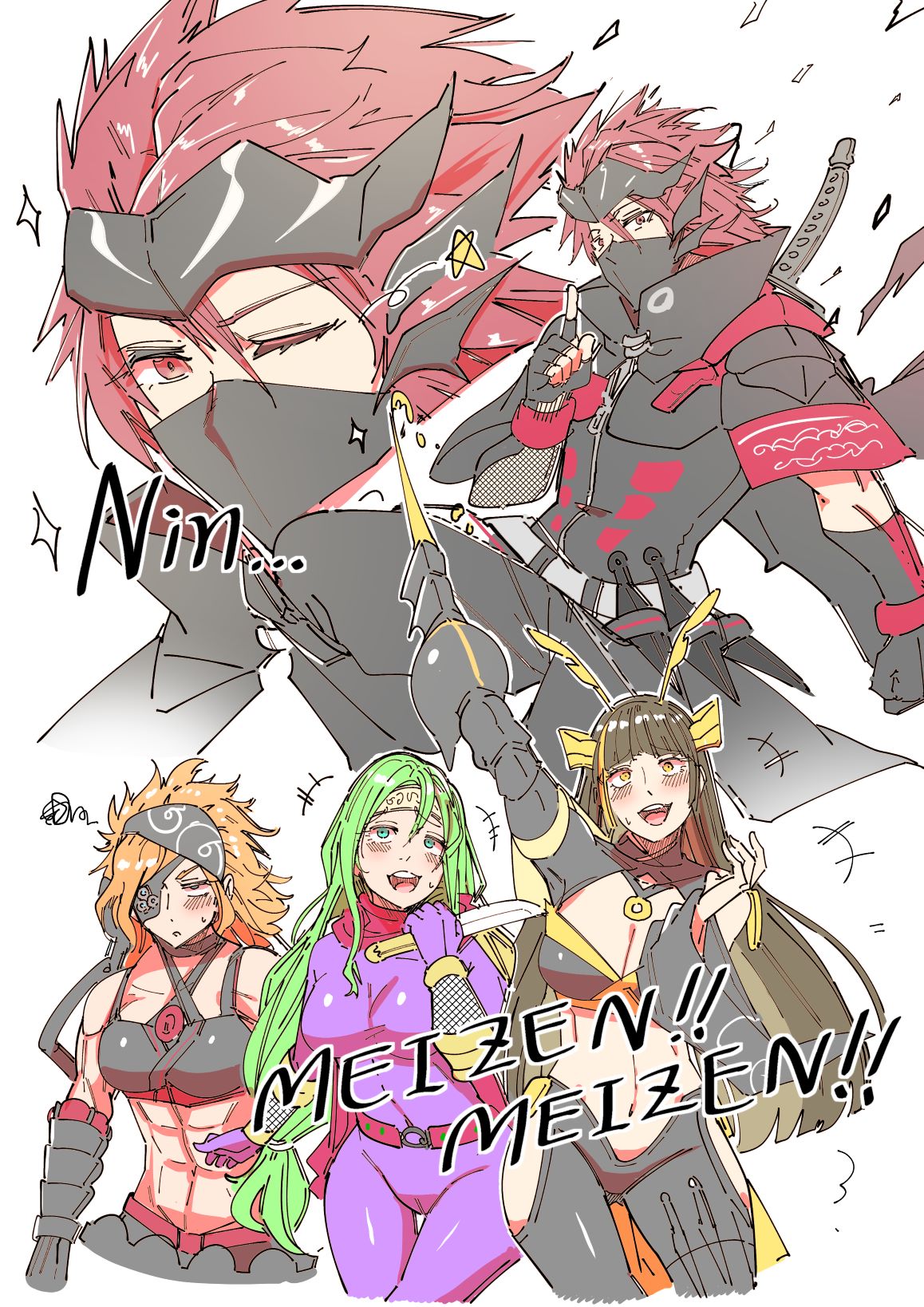1boy 3girls abs aoi_takeru bandana bare_shoulders belt blush bodysuit breasts brown_hair character_name cleavage clothing_cutout crop_top duel_monster eyepatch fake_antennae fingerless_gloves forehead_protector gloves green_hair hair_ornament highres holding holding_knife jacket kagero_the_cannon_ninja knife lady_ninja_yae long_hair long_sleeves maid_headdress mask medium_hair meizen_the_battle_ninja messy_hair midriff mitsu_the_insect_ninja mouth_mask multiple_girls ninja_mask one_eye_closed open_clothes open_jacket open_mouth orange_hair purple_bodysuit red_hair short_sleeves single_bare_shoulder stomach sword sword_on_back thigh_cutout weapon weapon_on_back wide_sleeves yu-gi-oh!
