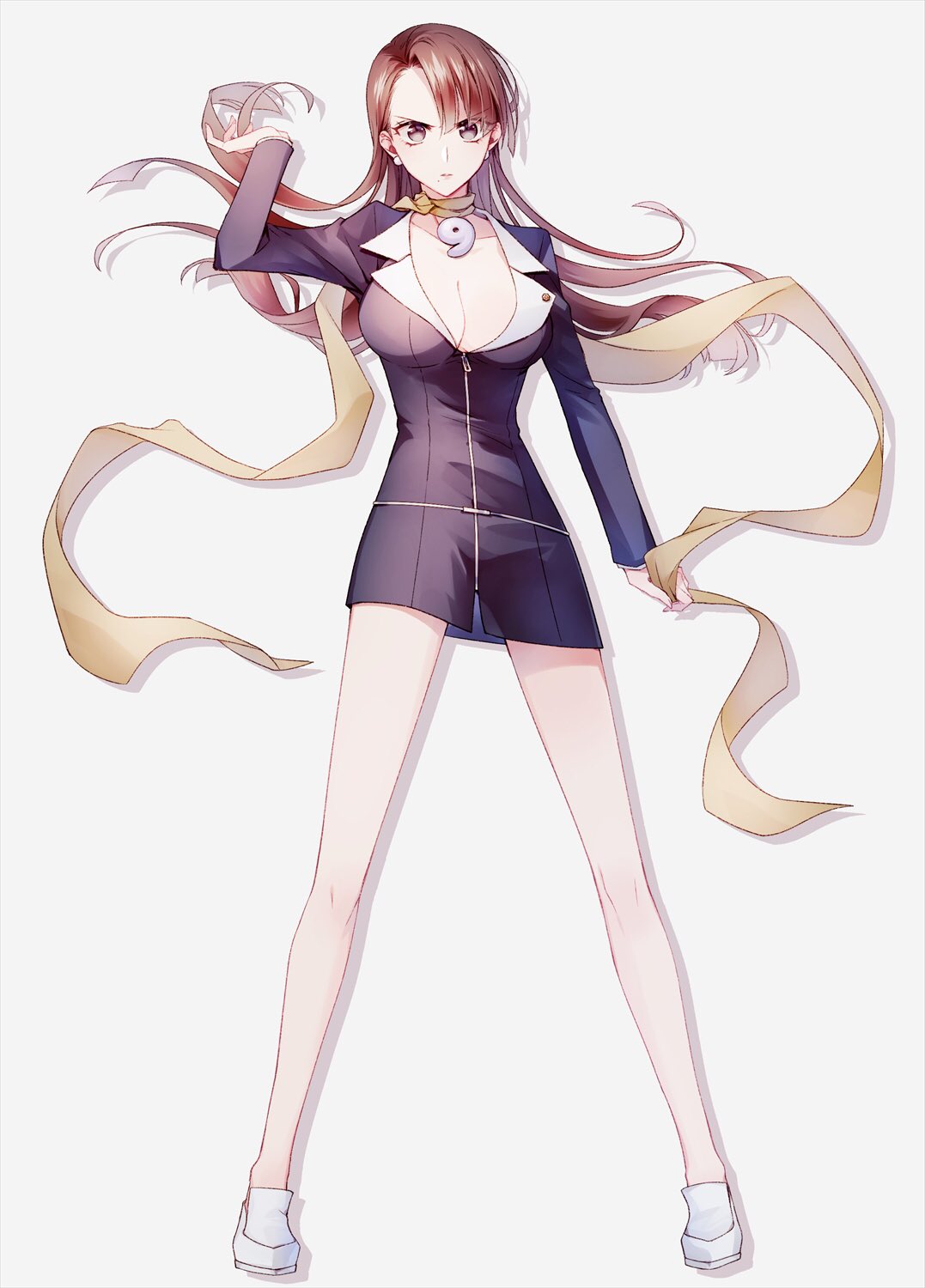 1girl ace_attorney arm_up asymmetrical_bangs black_dress breasts brown_eyes brown_hair cleavage dress earrings eyes_visible_through_hair full_body hand_up highres holding holding_clothes holding_scarf jewelry lapel_pin lapels legs_apart long_hair long_sleeves looking_at_viewer magatama magatama_necklace mia_fey mole mole_under_mouth necklace pearl_earrings sano_(merrymerry) scarf shoes short_dress simple_background solo standing v-shaped_eyebrows very_long_hair white_background white_footwear yellow_scarf zipper_pull_tab