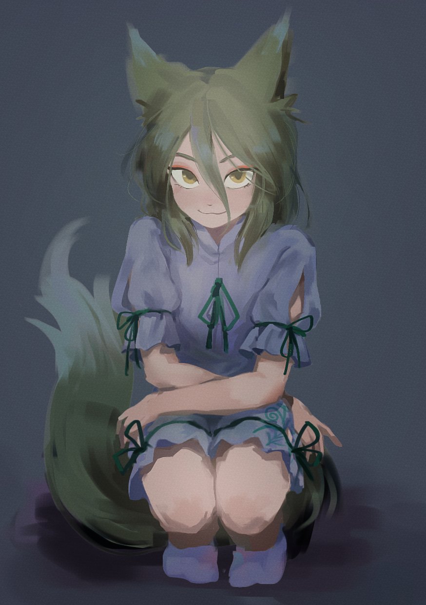 1girl animal_ears blonde_hair closed_mouth fox_ears fox_tail full_body green_ribbon highres himuhino kudamaki_tsukasa ribbon romper short_hair short_sleeves smile socks solo tail touhou white_romper white_socks yellow_eyes