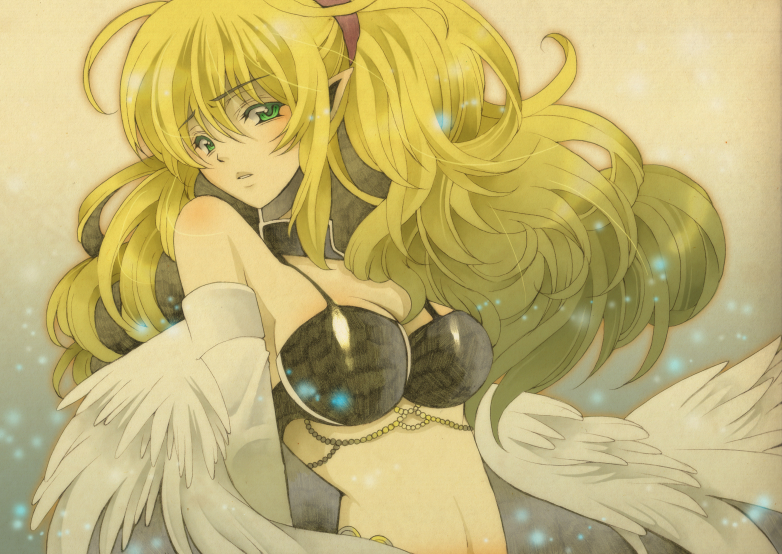 1girl aikosu_(icos) bare_shoulders blonde_hair breasts choker cleavage commentary_request duel_monster feathers green_eyes harpie_dancer harpy long_hair looking_at_viewer medium_breasts monster_girl ponytail solo thighhighs white_feathers white_wings winged_arms wings yu-gi-oh!