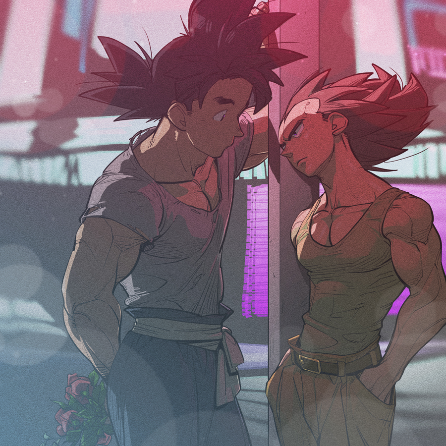 2boys against_railing arm_behind_back bara bare_arms bouquet couple dragon_ball dragon_ball_z eye_contact feet_out_of_frame green_tank_top hands_in_pockets head_tilt holding holding_bouquet large_pectorals leaning_to_the_side leather_belt looking_at_another male_focus multiple_boys muscular muscular_male pectoral_cleavage pectorals railing receding_hairline short_hair sideburns son_goku spiked_hair standing supobi tank_top thick_eyebrows vegeta yaoi
