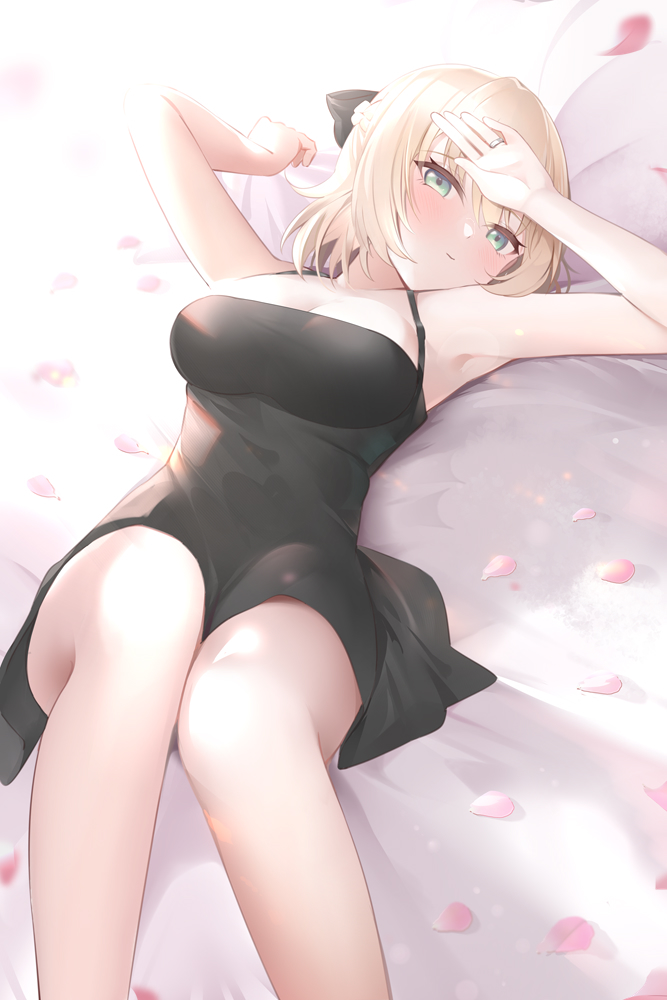 1girl 5pb. armpits bed_sheet black_dress blonde_hair blush breasts cleavage closed_mouth dress falling_petals green_eyes hand_on_own_forehead jewelry kagamigawa_noelle knees_up looking_at_viewer lying memories_off memories_off_innocent_fille mujinbensin petals ring sheet_grab solo