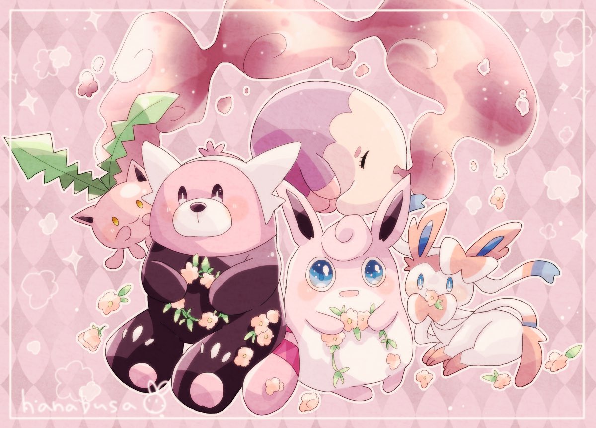 animal_focus argyle argyle_background artist_name bear bewear blue_eyes border bow closed_eyes colored_skin commentary_request eyelashes floating flower hanabusaoekaki holding holding_flower hoppip musharna no_humans open_mouth pink_background pink_bow pink_flower pink_skin pink_theme pokemon pokemon_(creature) ribbon sitting snout solid_oval_eyes sylveon two-tone_bow white_border white_bow white_ribbon wigglytuff yellow_eyes