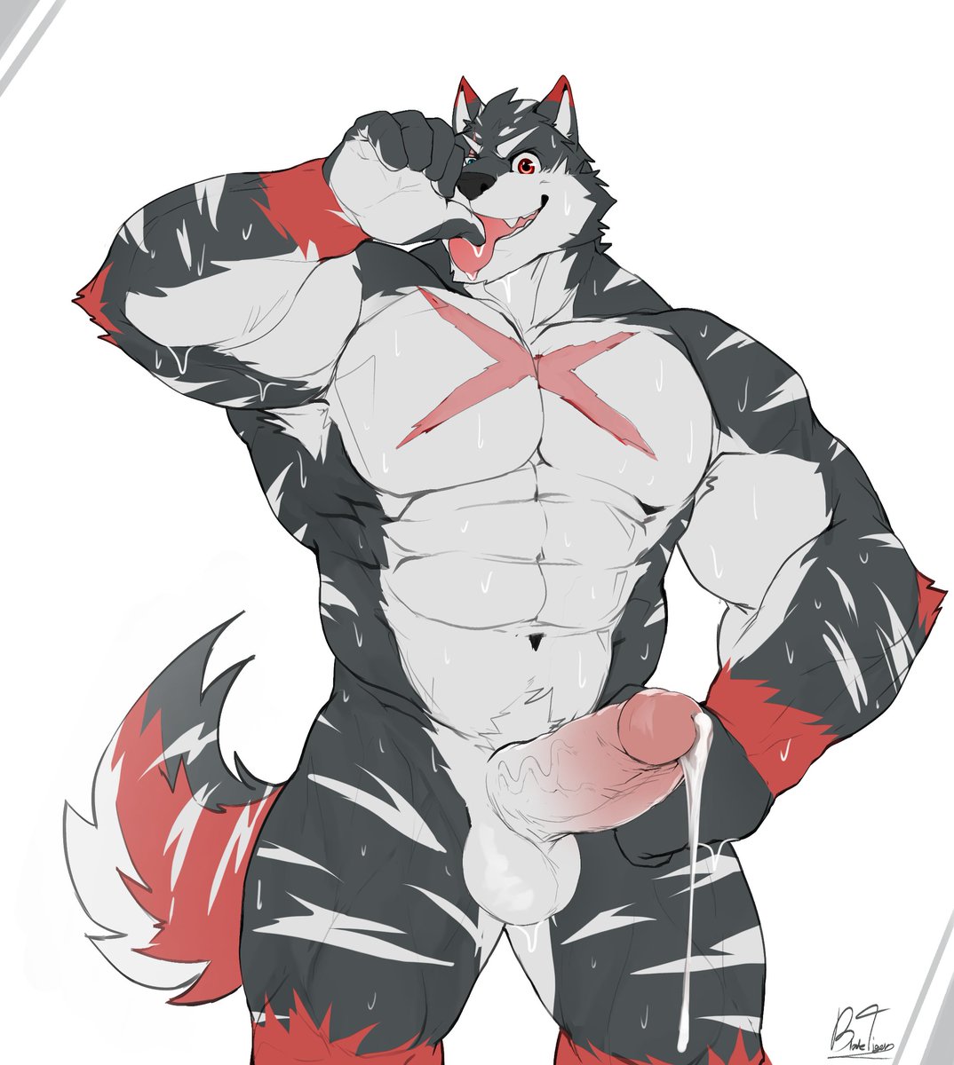 abs anthro balls biceps big_muscles bladetiger bodily_fluids canid canine canis casual_erection casual_nudity erection fur genital_fluids genitals hi_res humanoid_genitalia humanoid_hands humanoid_penis male mammal manly muscular muscular_anthro muscular_male nude pecs penis red_eyes scar smile solo solo_focus striped_body striped_fur stripes sweat tongue tongue_out
