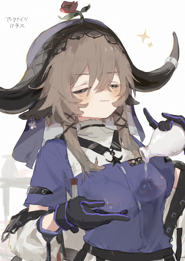 1girl :3 animal_ears arknights black_ribbon bottle brown_hair character_name closed_eyes copyright_name cow_ears cow_girl cow_horns flower flower_on_head gloves hair_between_eyes hair_ribbon holding holding_bottle horns pallas_(arknights) pouring pouring_onto_self red_flower red_rose ribbon rose sidelocks simple_background solo sparkle unitedunti upper_body white_background