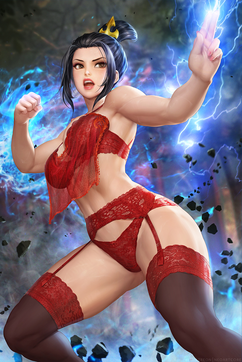 1girl avatar:_the_last_airbender avatar_legends azula black_hair bra breast_curtain breasts brown_eyes clenched_hand electricity english_commentary floating_rock hair_ornament lace lace-trimmed_thighhighs lace_bra lace_panties mixed-language_commentary neoartcore open_mouth paid_reward_available panties patreon_username red_bra red_garter_belt red_panties short_hair solo thai_commentary thighhighs topknot underwear