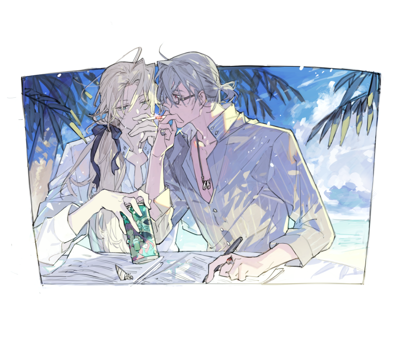 2boys alternate_costume alternate_hairstyle antonio_salieri_(fate) antonio_salieri_(second_ascension)_(fate) asymmetrical_bangs bespectacled between_fingers black_ribbon blonde_hair blue_eyes border can cigarette cigarette_kiss cloud dappled_sunlight day fate/grand_order fate_(series) glasses grey_hair hair_between_eyes hair_intakes hair_ribbon holding holding_can holding_cigarette holding_pen jewelry long_hair low_ponytail male_focus multiple_boys necklace nib_pen_(object) ocean open_collar outside_border palm_tree paper pen pinstripe_pattern pinstripe_shirt reading red_eyes ribbon ring ring_necklace seashell shell shirt short_hair smoking soda_can starshadowmagician striped striped_shirt sunlight table tree upper_body vertical-striped_shirt vertical_stripes white_border white_shirt wolfgang_amadeus_mozart_(fate)