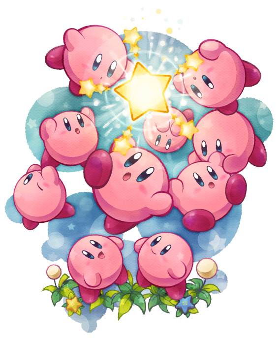 :d :o arms_up blue_eyes blue_flower blurry blurry_background blush blush_stickers closed_mouth commentary_request flower kirby kirby_(series) kirby_mass_attack kotori_(lycka) looking_up multiple_persona no_humans open_mouth plant simple_background smile star_(symbol) upside-down white_background white_flower yellow_flower