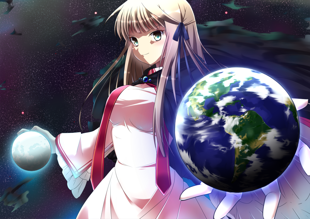 &gt;:) 1girl black_cloak black_ribbon blunt_bangs breasts cloak closed_mouth commentary_request cowboy_shot dress earth_(planet) eyebrows_hidden_by_hair floating_clothes floating_hair foreshortening frilled_sleeves frills green_pupils hair_ribbon holding_planet juliet_sleeves kazamatsuri_institute_high_school_uniform large_breasts light_blush light_brown_hair long_hair long_sleeves looking_at_viewer moon pink_dress planet puffy_sleeves red_ribbon rewrite ribbon school_uniform senri_akane shaded_face sidelocks smile solo space standing tagame_(tagamecat) v-shaped_eyebrows wide_sleeves yellow_eyes