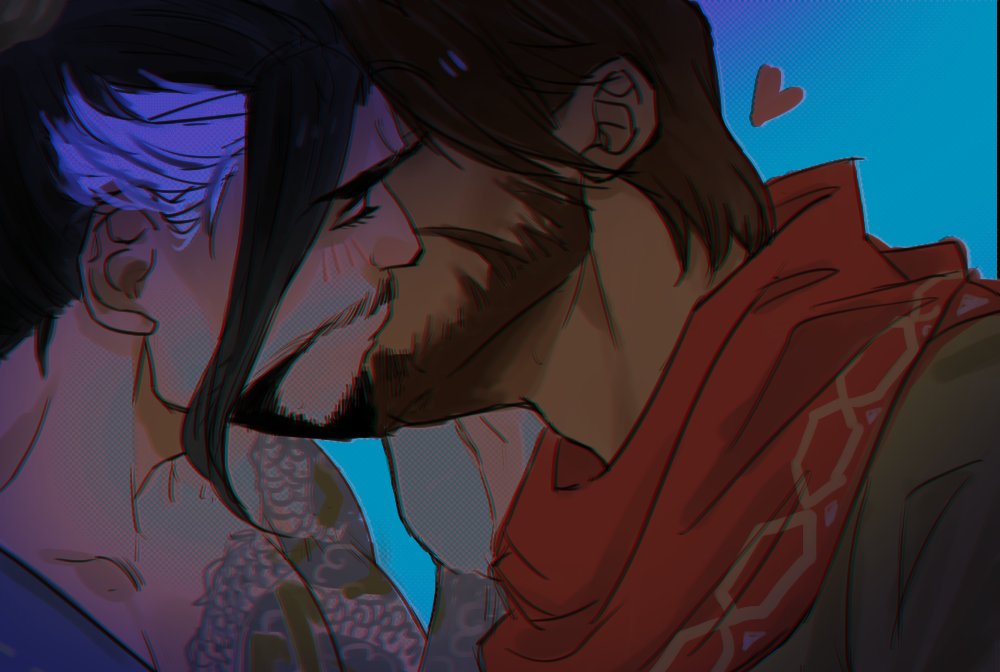 2boys bara beard blush brown_hair cassidy_(overwatch) couple dark_skin duddleduhh facial_hair from_side hand_on_another's_cheek hand_on_another's_face hanzo_(overwatch) heart interracial kiss male_focus mature_male multicolored_hair multiple_boys mustache overwatch overwatch_1 pectorals streaked_hair thick_eyebrows yaoi