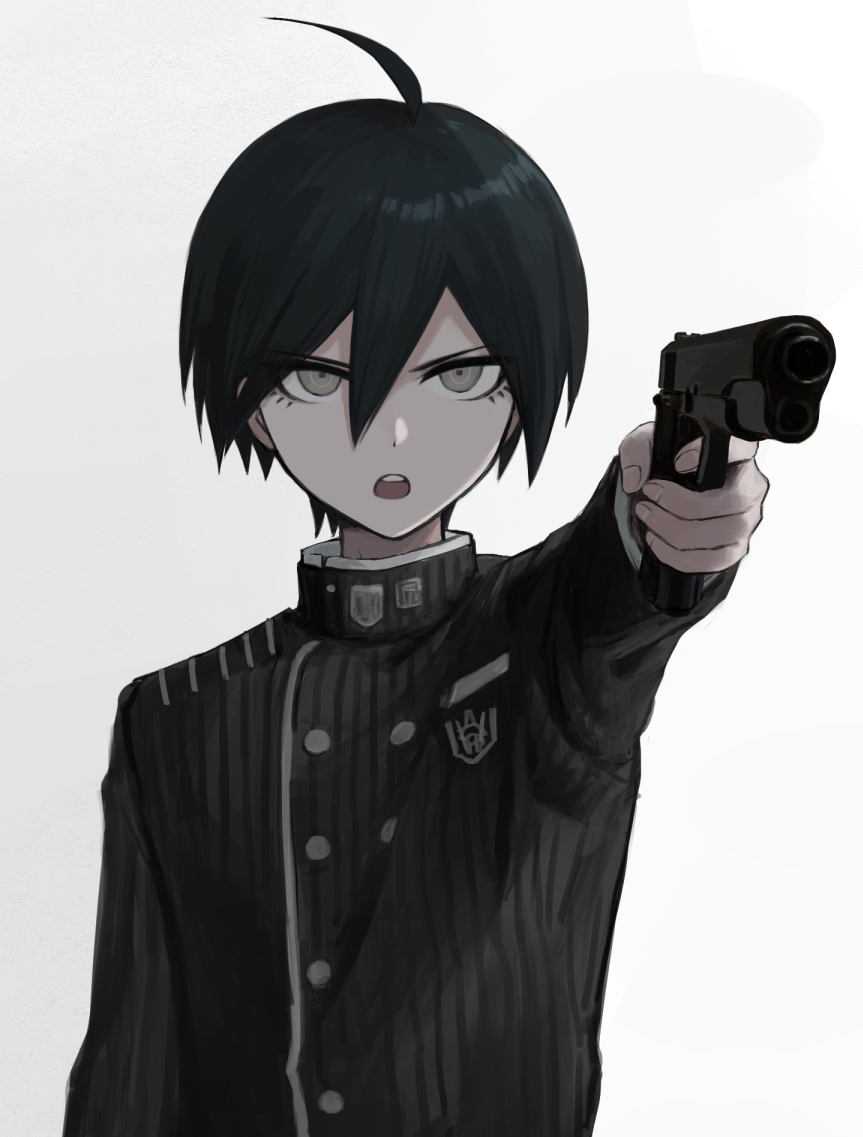 1boy ahoge black_hair breast_pocket brown_eyes buttons danganronpa_(series) danganronpa_v3:_killing_harmony double-breasted foreshortening gun hair_between_eyes handgun holding holding_gun holding_weapon jacket lolowv long_sleeves male_focus pocket saihara_shuuichi short_hair simple_background solo striped striped_jacket upper_body weapon white_background