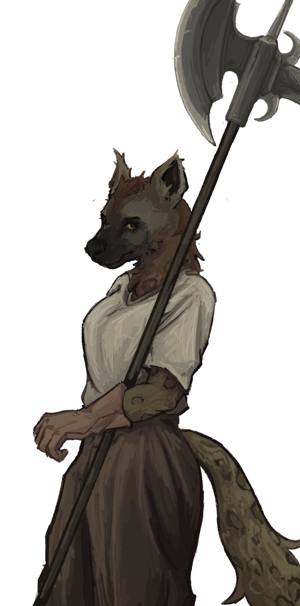 anon2000000 anthro axe breasts clothed clothing female fur gloves handwear hi_res hyena looking_at_viewer mammal melee_weapon polearm poleaxe shirt solo topwear weapon