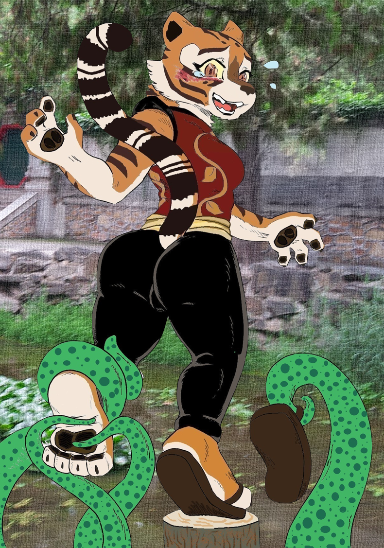 anthro balancing blush clothing colored daigaijin dreamworks feet felid feline female footwear kung_fu_panda laugh mammal master_tigress on_one_leg pantherine pawpads photo_background photography_(artwork) restrained river sandals soles solo standing stareintotheabyss striped_body stripes struggling teary_eyes tentacle_monster tentacles tickling tickling_feet tiger tippy_toes toe_curl