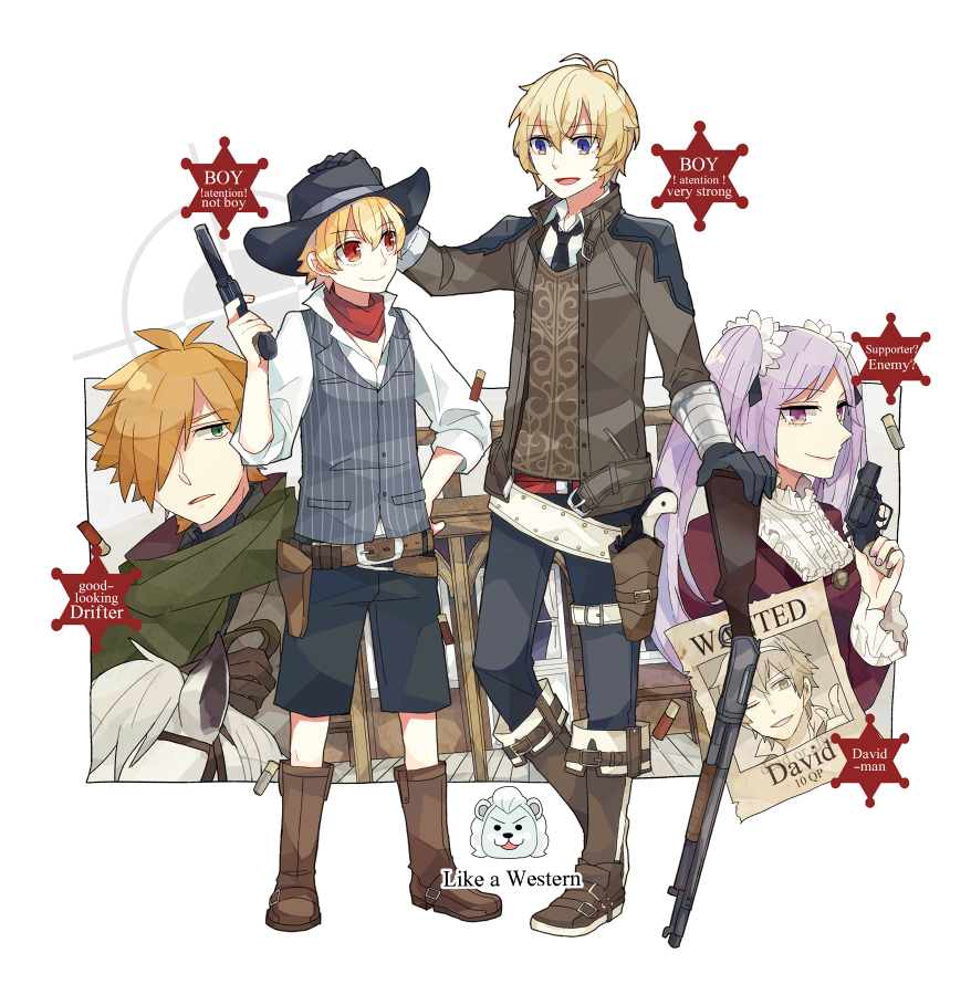 1girl 5boys billy_the_kid_(fate) black_gloves black_headwear black_pants black_shorts blonde_hair blue_eyes boots brown_footwear bullet character_name child_gilgamesh_(fate) cowboy cowboy_hat cowboy_western crosshair david_(fate) english_text euryale_(fate) fate/grand_order fate_(series) gilgamesh_(fate) gloves green_eyes gun hair_over_one_eye hand_on_another's_head handgun hat holding holding_gun holding_weapon light_purple_hair multiple_boys one_eye_closed open_mouth orange_hair pants pink_eyes red_eyes rifle robin_hood_(fate) shirt shorts smile ss_ii_kk thomas_edison_(fate) twintails vest wanted weapon white_horse white_shirt