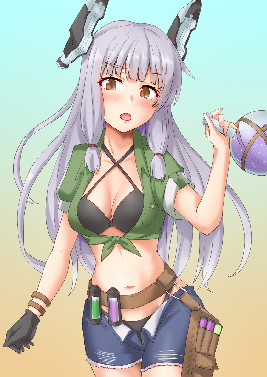 1girl agnes_tachyon_(lunatic_lab)_(umamusume) agnes_tachyon_(umamusume) agnes_tachyon_(umamusume)_(cosplay) anti_(untea9) bandolier bikini black_bikini black_gloves breasts brown_eyes cleavage commentary_request cosplay criss-cross_halter denim denim_shorts flask gloves gradient_background grey_hair hair_ribbon halterneck headgear highres holding holding_flask jacket kantai_collection leather_wrist_straps looking_at_viewer midriff murakumo_(kancolle) navel ribbon round-bottom_flask shorts single_glove sleeves_rolled_up solo summer's_sunlight_fades_to_blue_(umamusume) swimsuit test_tube tied_jacket tress_ribbon uesaka_sumire voice_actor_connection