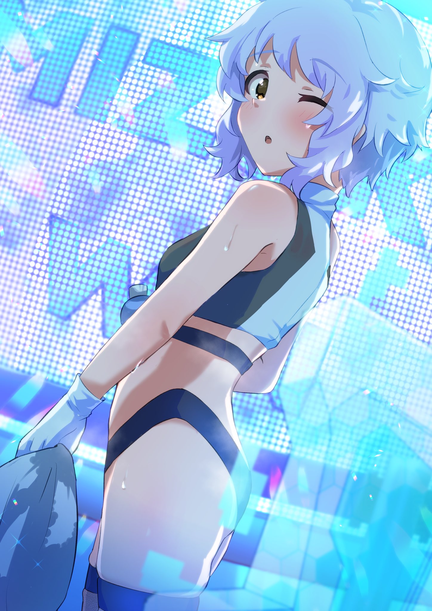 1girl :o ass black_panties black_shirt blue_hair blush bottle breasts check_commentary commentary_request cowboy_shot crop_top dutch_angle gloves highleg highleg_panties highres holding holding_towel hologram idolmaster idolmaster_million_live! idolmaster_million_live!_theater_days light_blue_hair looking_at_viewer makabe_mizuki official_alternate_hair_color one_eye_closed panties sanami_(sanami_t_38) screen shirt short_hair sidelocks small_breasts solo stage thigh_strap thighs towel underwear water_bottle wavy_hair white_gloves yellow_eyes