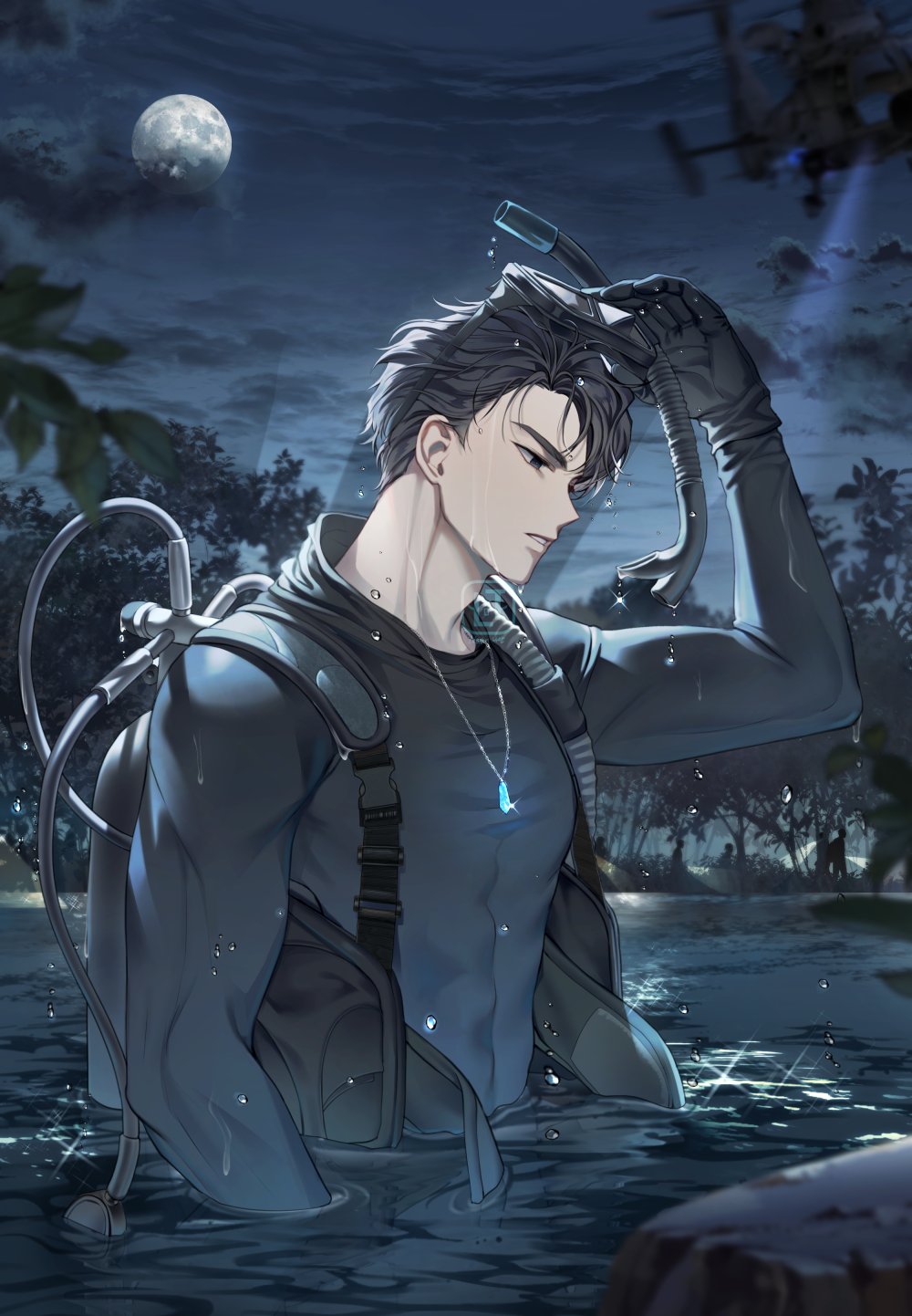 1boy arm_up black_hair blurry blurry_foreground bodysuit cloud commentary_request diving_mask diving_mask_on_head diving_suit eoduun_badaui_deungbul-i_doeeo full_moon goggles goggles_on_head highres jewelry korean_commentary lem_tea male_focus male_swimwear moon necklace night outdoors partially_submerged scuba_tank shin_hae-ryang short_hair snorkel solo water wet wetsuit