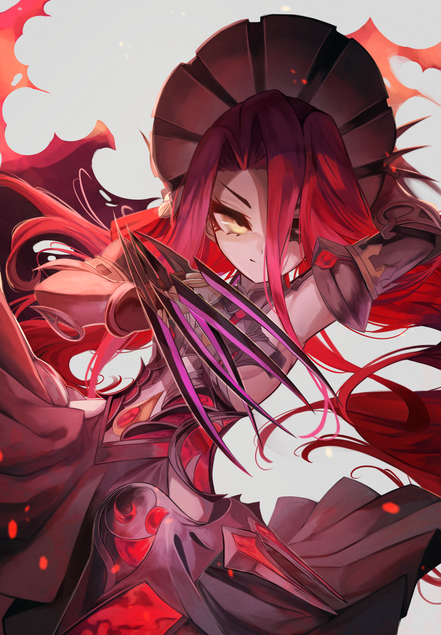 1girl armor armored_dress bare_shoulders black_armor black_dress black_eyes black_headwear bonnet breasts claw_(weapon) claws dress fate/grand_order fate_(series) faulds hair_between_eyes heterochromia highres long_hair looking_at_viewer m0_chi red_hair small_breasts smile solo typhon_ephemeros_(fate) very_long_hair weapon yellow_eyes
