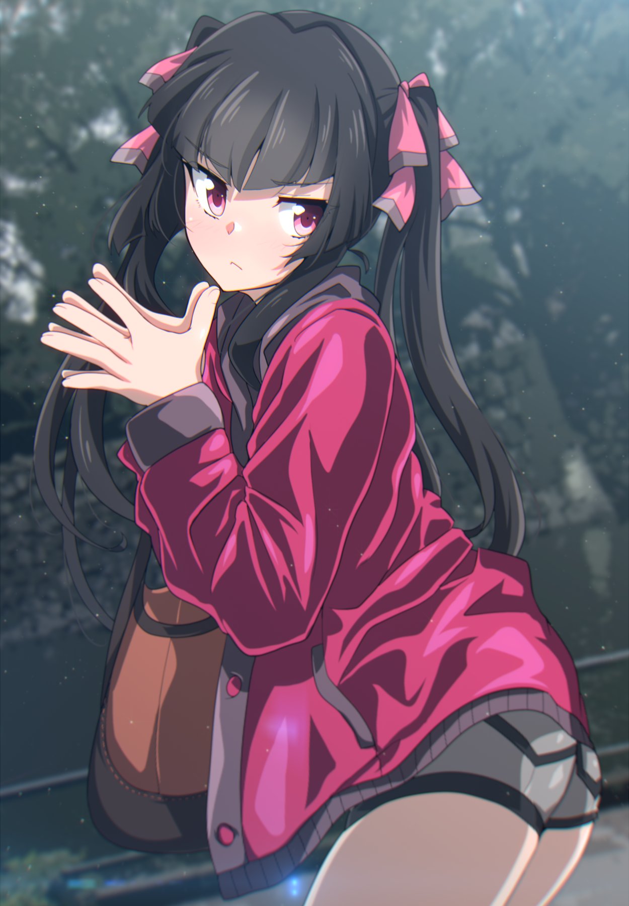 1girl ass black_hair blush closed_mouth grey_shorts hair_ribbon highres jacket long_hair looking_at_viewer outdoors pink_eyes pink_jacket ribbon senki_zesshou_symphogear shorts solo tanashi_(mk2) tsukuyomi_shirabe twintails