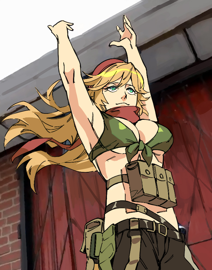 1girl ak-47_(girls'_frontline) armpits belt beret bikini black_belt black_shorts blonde_hair breasts brick_wall chinese_commentary commentary commentary_request dancing floating_hair front-tie_bikini_top front-tie_top girls'_frontline green_bikini green_eyes hands_up hat large_breasts long_hair looking_ahead mixed-language_commentary no_shirt parody photo-referenced pouch red_headwear red_scarf ruukii_drift scarf shorts smirk solo standing swimsuit