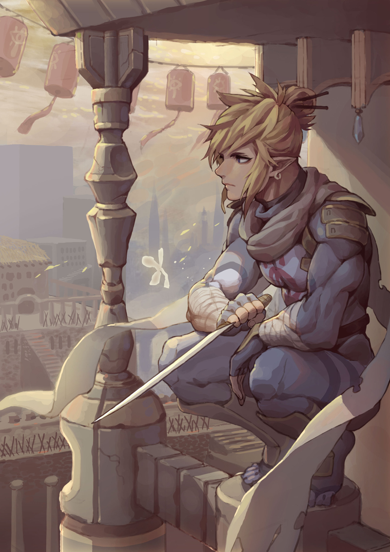 5_fingers blonde_hair breath_of_the_wild clothed clothing fingers hair holding_object holding_weapon hongpanzi humanoid humanoid_pointy_ears hylian link male nintendo not_furry solo the_legend_of_zelda weapon