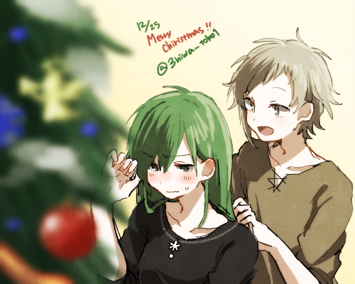 1boy 1girl :| black_shirt blurry blush brown_eyes brown_shirt christmas christmas_ornaments christmas_tree closed_mouth collarbone colored_text commentary_request cross-laced_clothes cross-laced_slit dated depth_of_field diagonal_bangs english_text green_hair hair_between_eyes holding_another's_hair kagerou_project kano_shuuya kido_tsubomi light_brown_hair long_bangs long_hair looking_at_another looking_away looking_to_the_side lowres merry_christmas mokemoke_chan notched_neckline open_mouth partial_commentary purple_eyes shirt short_hair short_sleeves straight_hair twitter_username upper_body