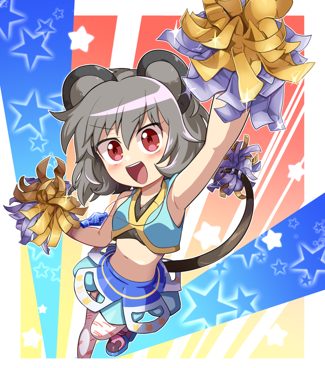 1girl :d alternate_costume animal_ears arm_up armpits blue_skirt blue_vest blush breasts cheerleader commentary_request crop_top crystal full_body grey_hair hair_between_eyes jewelry layered_skirt looking_at_viewer medium_bangs midriff miniskirt momomomo_(user_ueus7454) mouse_ears mouse_girl mouse_tail navel nazrin necklace open_mouth pendant pom_pom_(cheerleading) red_eyes short_hair skirt small_breasts smile solo star_(symbol) tail tail_ornament thighhighs touhou v-shaped_eyebrows vest white_thighhighs