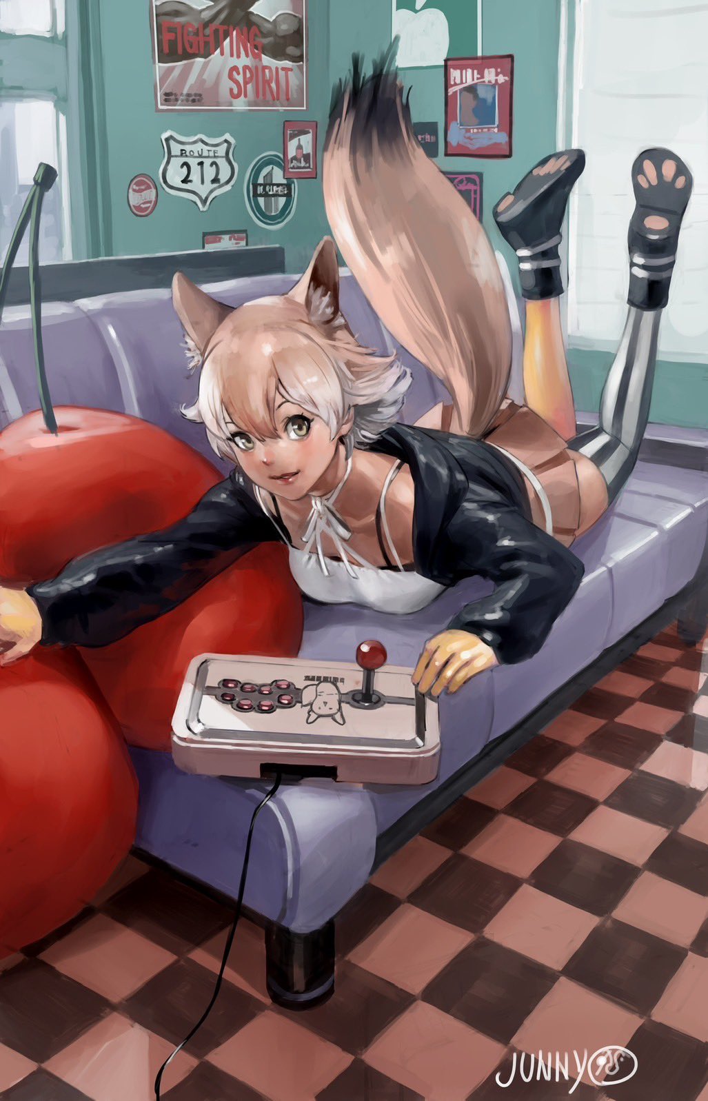 1girl animal_ears black_jacket blonde_hair boots couch coyopotato coyote_(kemono_friends) extra_ears gloves highres jacket junny kemono_friends kemono_friends_v_project kneehighs looking_at_viewer playing_games shirt short_hair skirt socks solo tail virtual_youtuber white_shirt wolf_ears wolf_girl wolf_tail yellow_eyes
