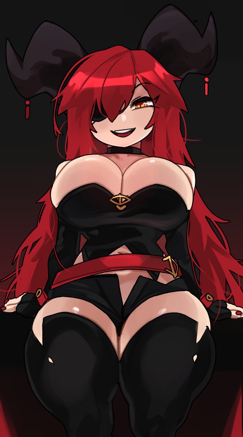 big_breasts breasts cleavage clothed clothing eye_patch eyewear female hair hi_res horn horned_humanoid huge_breasts huge_thighs humanoid looking_at_viewer midriff narrowed_eyes navel one_eye_obstructed open_mouth orange_eyes red_hair smile solo standing teeth thick_thighs wide_hips zanamaoria