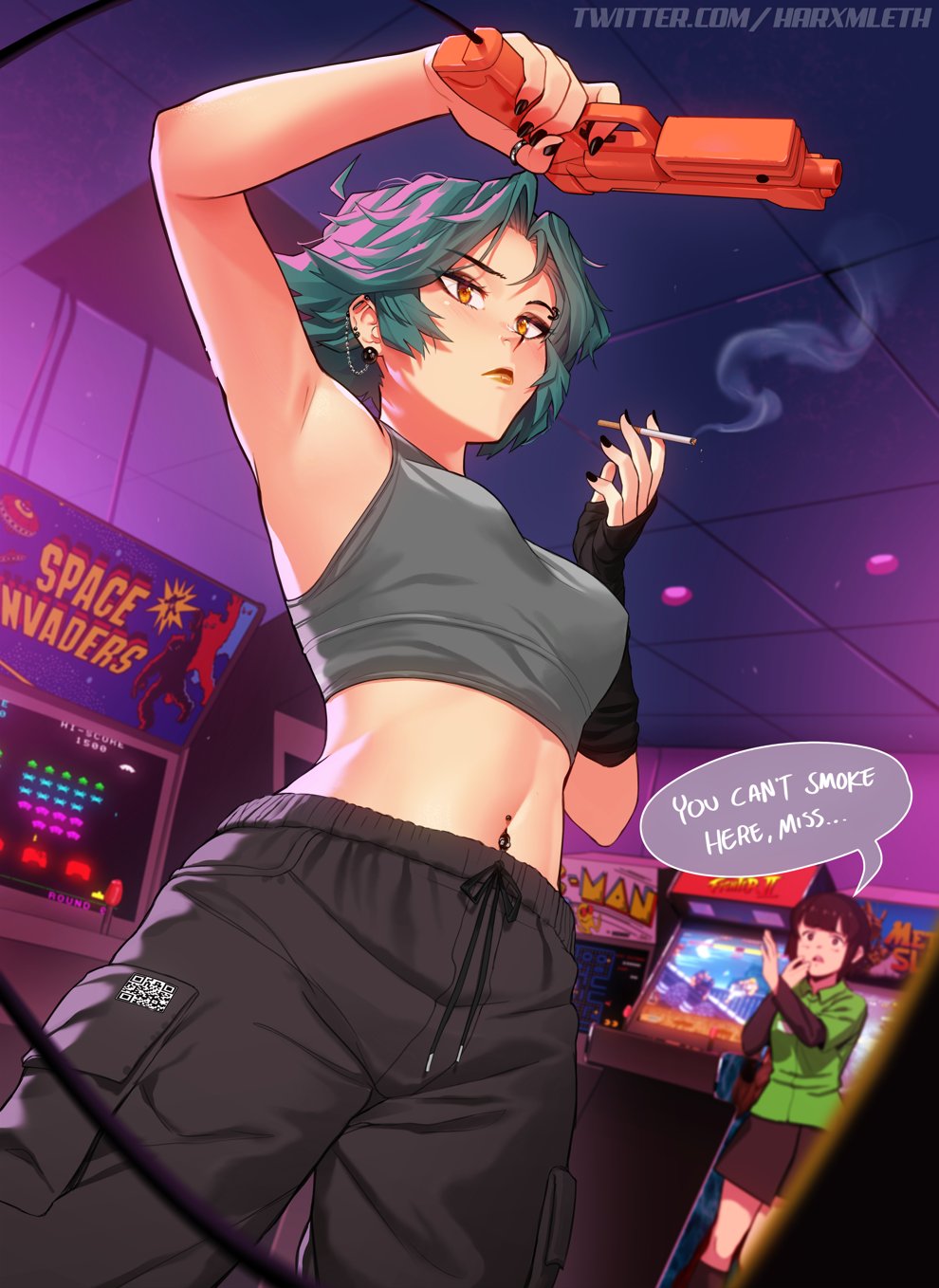 2girls arcade black_nails black_pants breasts ceiling cigarette commentary crop_top drawstring ear_piercing english_commentary english_text eyebrow_piercing frown green_hair highres holding holding_cigarette indoors jewelry light_gun mathias_leth medium_breasts midriff multiple_girls nail_polish navel_piercing orange_eyes orange_lips original pac-man_(game) pants piercing qr_code ring short_hair smoke solo_focus space_invaders speech_bubble thea_(mathias_leth) tile_ceiling tiles twitter_username