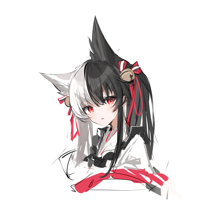 1girl alice_mana animal_ear_fluff animal_ears bell black_hair cropped_torso fox_ears grey_hair hair_bell hair_ornament hair_ribbon indie_virtual_youtuber jacket jingle_bell long_hair looking_at_viewer multicolored_hair parted_lips raeee red_ribbon ribbon shirt simple_background sketch solo twintails two-tone_hair upper_body virtual_youtuber white_background white_jacket white_shirt