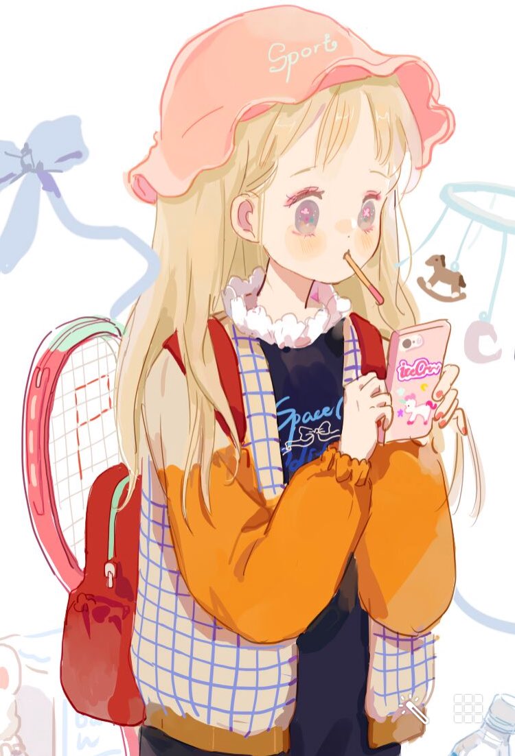 1girl backpack bag black_shirt blonde_hair blue_bow blush_stickers bow bow_print cellphone collared_shirt commentary english_commentary english_text eyelashes flower_in_eye food food_in_mouth frilled_sleeves frills fruit fur_collar hat holding holding_phone jacket jersey long_hair long_sleeves looking_at_object mob_cap nail_polish orange_(fruit) orange_slice original phone pink_headwear plaid plaid_jacket pocky_in_mouth puffy_long_sleeves puffy_sleeves purple_eyes putong_xiao_gou racket red_bag red_nails rocking_horse shirt smartphone solo straight_hair symbol_in_eye t-shirt tennis_racket two-tone_sleeves unicorn upper_body white_background white_jacket white_sleeves
