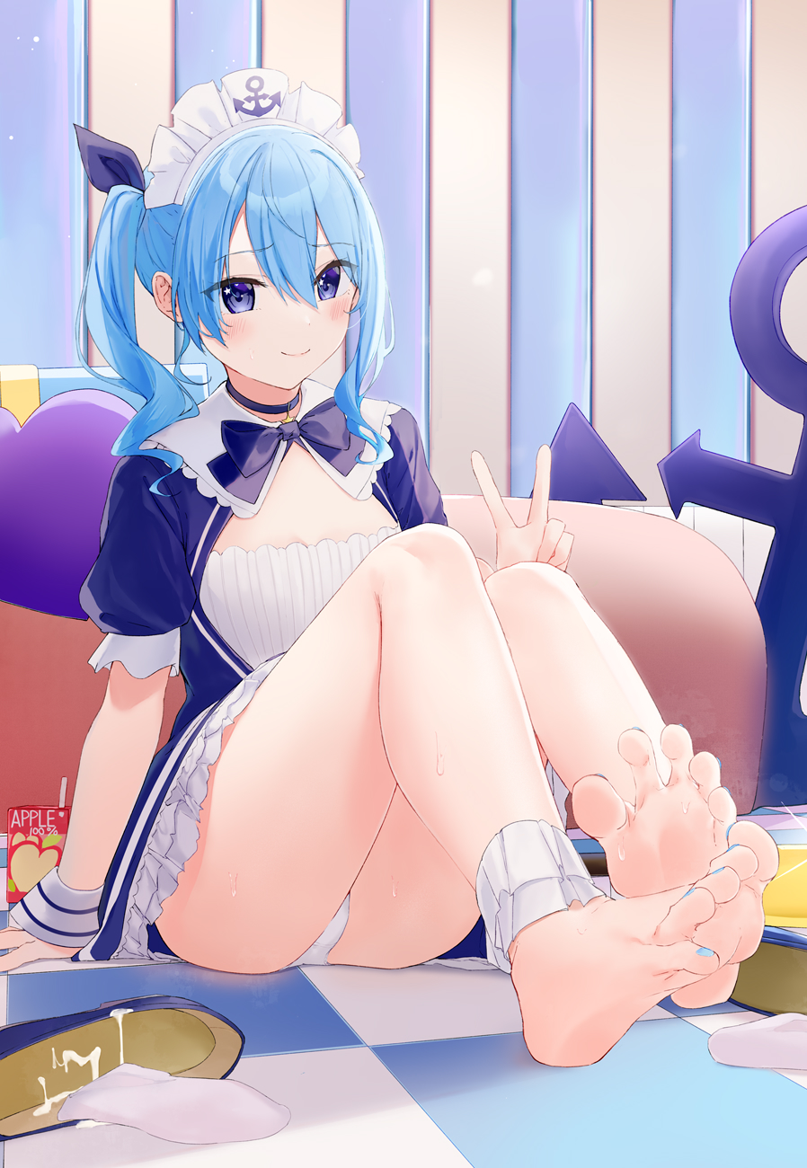 1girl anchor anchor_symbol apple_juice arm_support blue_bow blue_bowtie blue_choker blue_eyes blue_nails blue_ribbon blush bow bowtie breasts choker cleavage closed_mouth cosplay cum cum_on_clothes cumdrip feet full_body hair_between_eyes hair_ribbon hand_up highres hololive hoshimachi_suisei indoors knees_up kou_futoshi legs looking_at_viewer maid_headdress minato_aqua minato_aqua_(cosplay) nail_polish on_ground panties puffy_short_sleeves puffy_sleeves ribbon shadow shoes shoes_removed short_sleeves side_ponytail sitting small_breasts smile socks socks_removed soles solo spread_toes star_(symbol) star_in_eye sweatdrop symbol_in_eye tile_floor tiles toenail_polish toenails toes underwear v virtual_youtuber white_panties white_socks wrist_cuffs