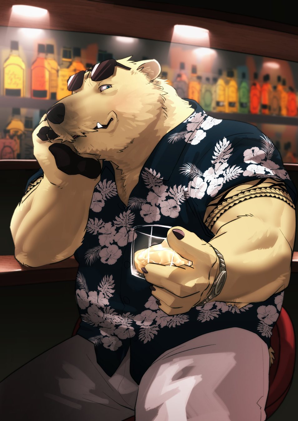 2023 alcohol aloha_shirt anthro bear beverage biceps bottomwear clock clothed clothing digital_media_(artwork) eyewear eyewear_on_head fully_clothed fur hi_res holding_beverage holding_object inside kotori male mammal muscular muscular_anthro muscular_male pants pattern_clothing pattern_shirt pattern_topwear polar_bear shirt sitting smile solo sunglasses sunglasses_on_head tattoo topwear ursine watch wristwatch