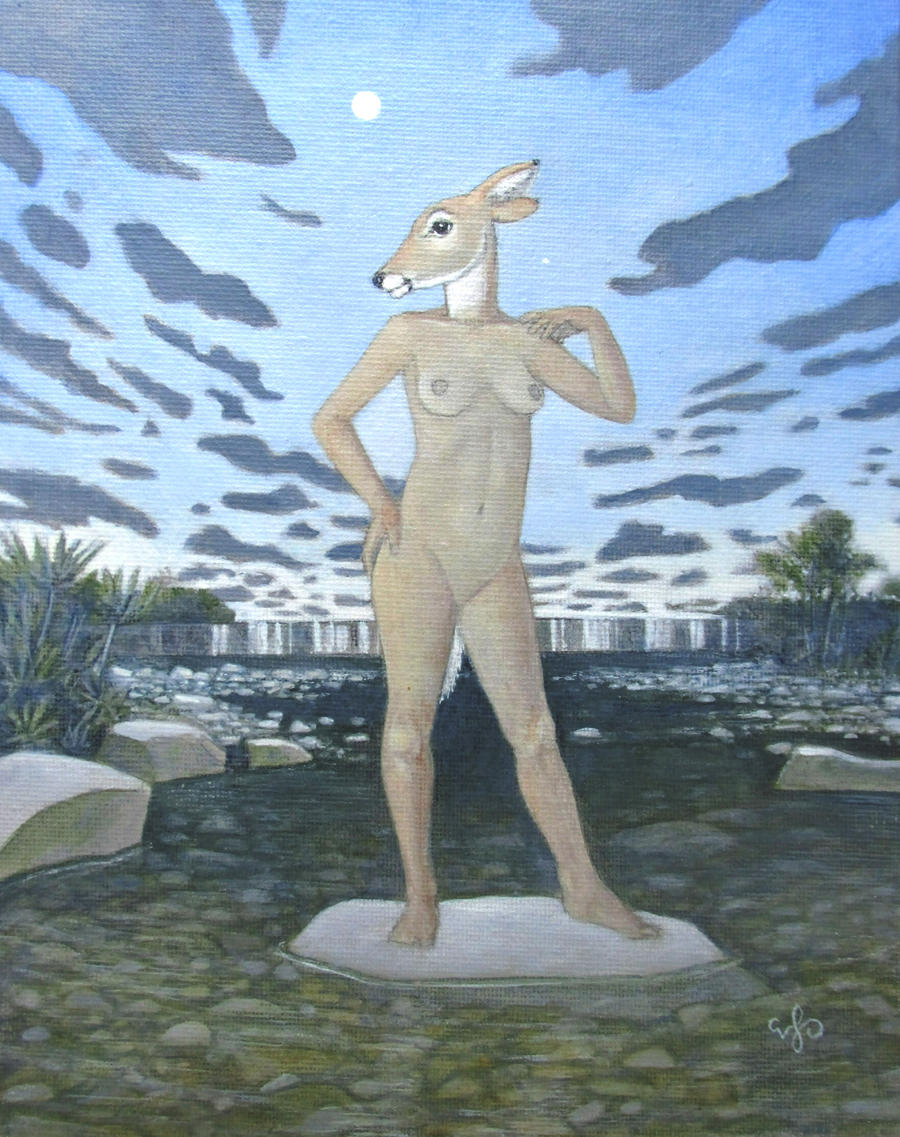 acrylic_painting_(artwork) andibi anthro areola black_nose breasts cloud collarbone deer featureless_crotch feet female fur glacier grass humanoid_feet ice mammal natural_breasts navel nipples nude outside painting_(artwork) pinup plant plantigrade pose river rock short_tail shrub sky smile solo standing tail tan_body tan_fur tasteful tasteful_nudity traditional_media_(artwork) tree water white_body white_fur