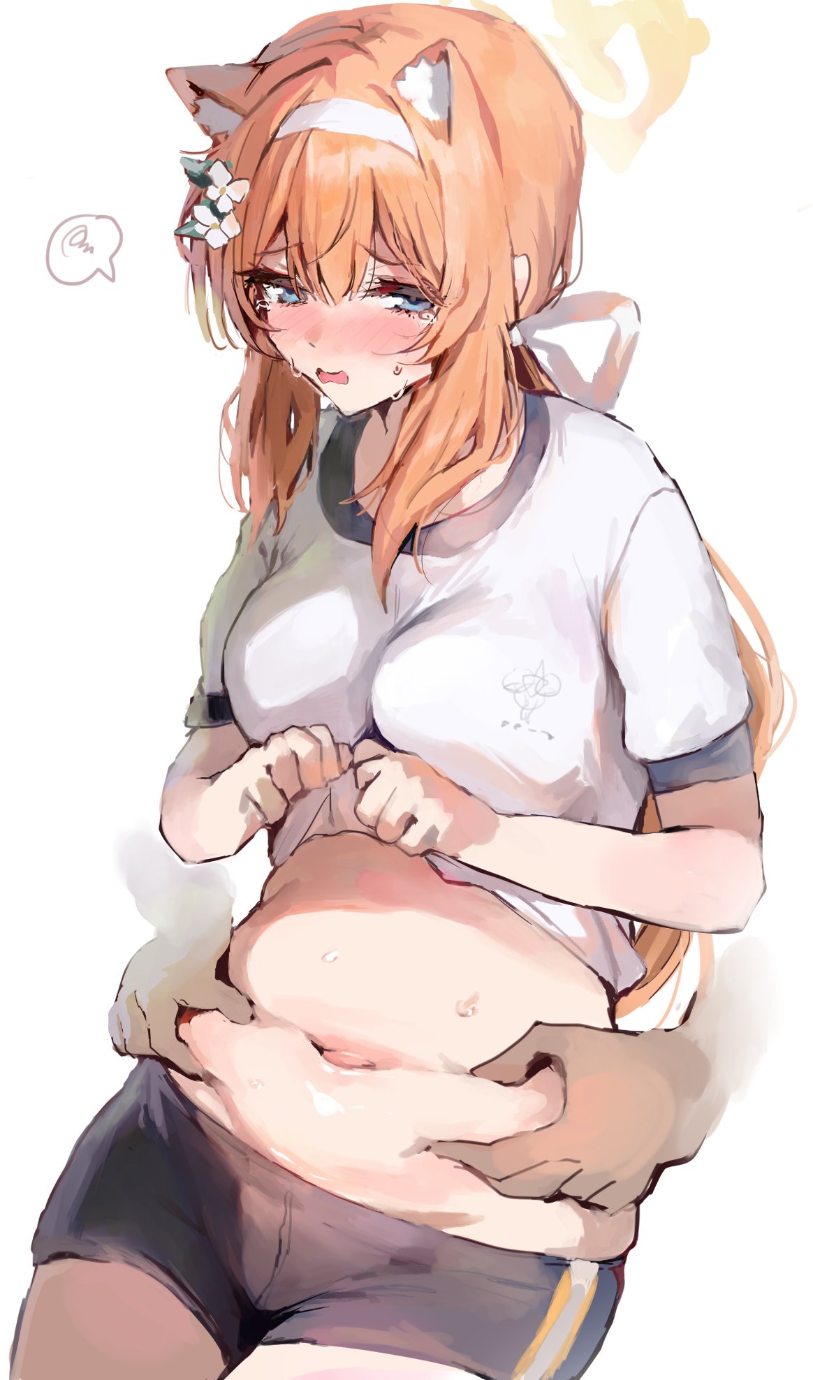 1girl 1other animal_ears belly_grab black_shorts blue_archive blush breasts clothes_lift disembodied_limb extra_ears fox_ears gym_shirt gym_uniform hair_between_eyes halo highres inusaka lifted_by_self mari_(blue_archive) mari_(track)_(blue_archive) medium_breasts navel nose_blush orange_hair shirt shirt_lift short_sleeves shorts sidelocks simple_background spoken_squiggle squiggle stomach sweatdrop tears white_background