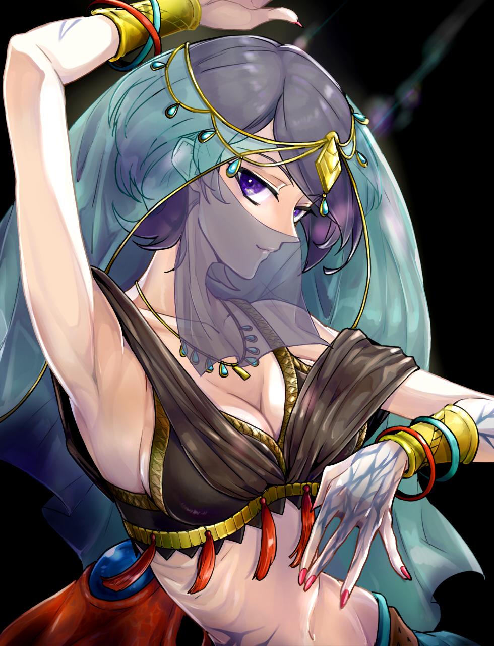1girl arm_up armpits bandeau bare_shoulders black_background black_bandeau black_hair bracelet breasts bridal_veil circlet cleavage closed_mouth collarbone commentary_request cowboy_shot crop_top dancing demon_wings duel_monster fingernails groin harem_outfit highres jewelry long_fingernails looking_at_viewer low_wings magical_musketeer_starfire medium_breasts midriff mouth_veil navel necklace purple_eyes red_nails shawl short_hair sidelocks single_wing smile solo standing swept_bangs veil wings wristlet yu-gi-oh! yukitaka_(zzzzz)