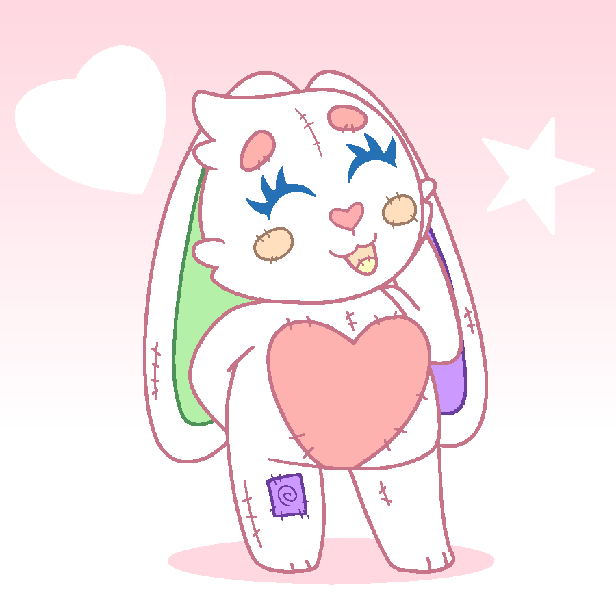 &lt;3 2023 animate_inanimate anthro blush blush_stickers eyebrows eyelashes eyes_closed female heart_nose izaak_(artist) lagomorph leporid living_plushie long_ears mammal open_mouth patch_(fabric) plushie quilt_(squitoo) rabbit seam_(sewing) smile solo standing tongue yellow_tongue