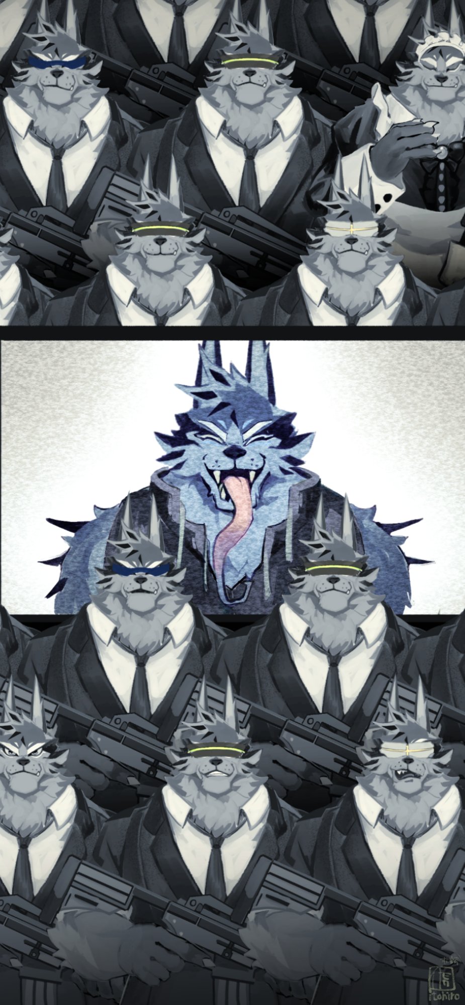 after_transformation anthro assault_rifle blue_body blue_fur blue_tongue canid canine canis cloning clothing dress_suit eyes_closed eyewear fur grey_body grey_fur group gun hi_res itohiro0305 lifewonders maid_uniform male mammal mobster mobster_(tas) neck_tuft necktie open_mouth ranged_weapon rifle sunglasses tentacle_tongue tentacles three_piece_suit tindalos_(tas) tokyo_afterschool_summoners tongue tongue_out tuft uniform visor weapon wolf