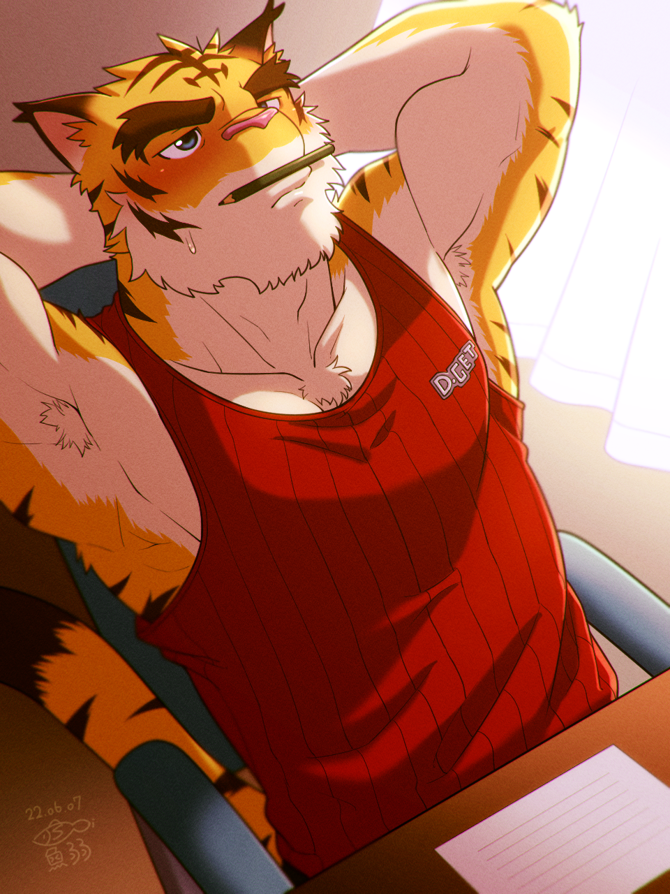 1boy armpit_hair armpits arms_behind_head bara desk forked_eyebrows furry furry_male highres huge_eyebrows male_focus morenatsu muscular muscular_male on_chair pectorals pencil pencil_mustache red_tank_top short_hair sidepec sitting solo striped_tank_top tank_top tiger_boy torahiko_oshima yowaifish