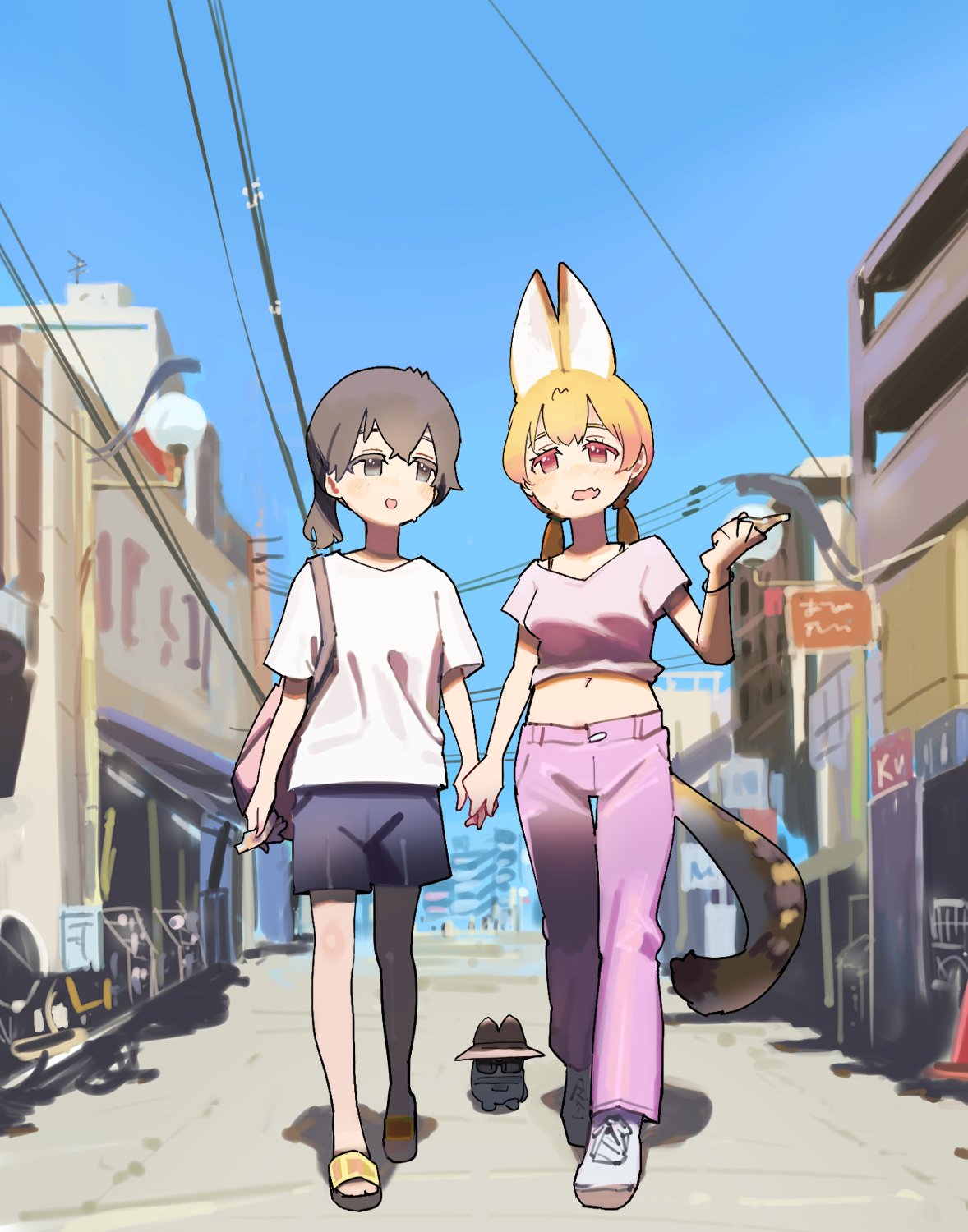 2girls alternate_costume alternate_hairstyle animal_ears backpack bag black_hair black_shorts blonde_hair cat_ears cat_girl cat_tail commentary_request crop_top highres kaban_(kemono_friends) kemono_friends lucky_beast_(kemono_friends) midriff multiple_girls navel pants pink_pants pink_shirt sandals serval_(kemono_friends) shirt shoes short_hair short_sleeves shorts sneakers t-shirt tail twintails wamawmwm white_footwear white_shirt