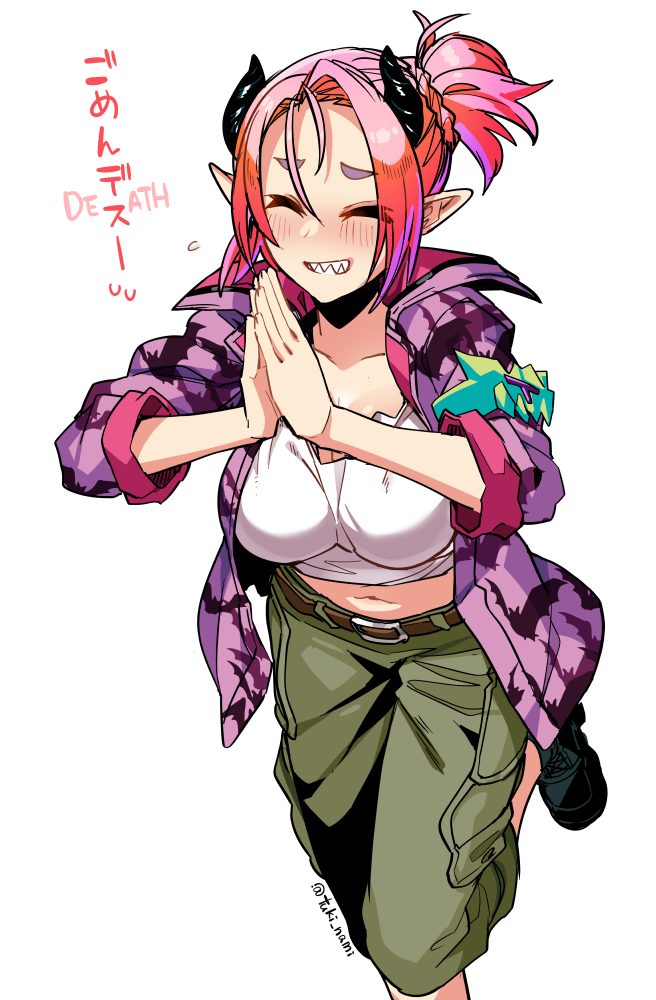 1girl breasts cargo_shorts closed_eyes collarbone demon_girl demon_horns duel_monster horns jacket large_breasts midriff muckraker_from_the_underworld navel open_clothes open_jacket own_hands_together pink_hair ponytail rolling_eyes sharp_teeth shorts smile solo standing standing_on_one_leg teeth tsukinami_kousuke yu-gi-oh!